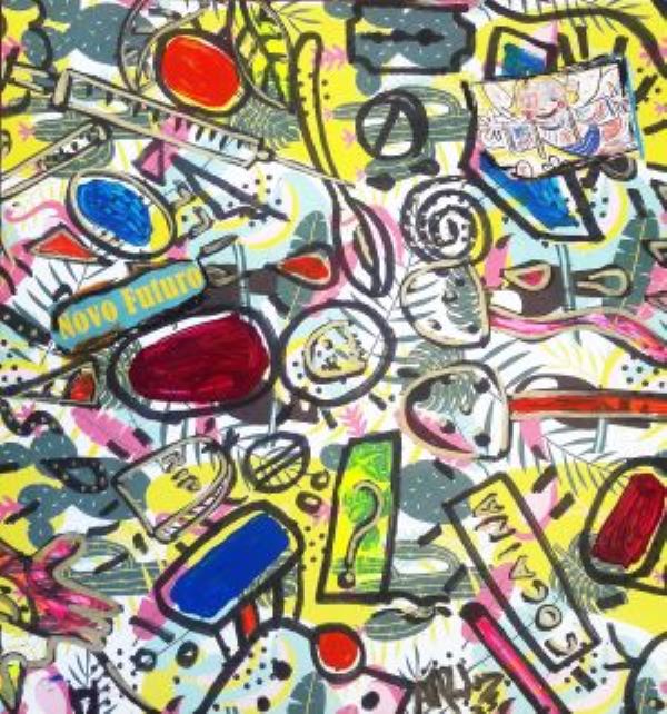 MISTA ( ACRILICO,  SPRAY,CANETA, PAPEL, PASTEL,) - 24x23cm- NOVO FUTURO... 2025 - 50 Euros