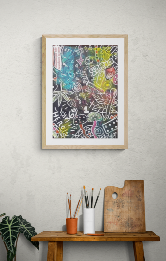 MISTA ( ACRILICO,  SPRAY,CANETA, PAPEL, PASTEL,) - 28,5x20cm- OBRIGADO POR NAO DESISTIREM DE MIM 2025 - 50 Euros