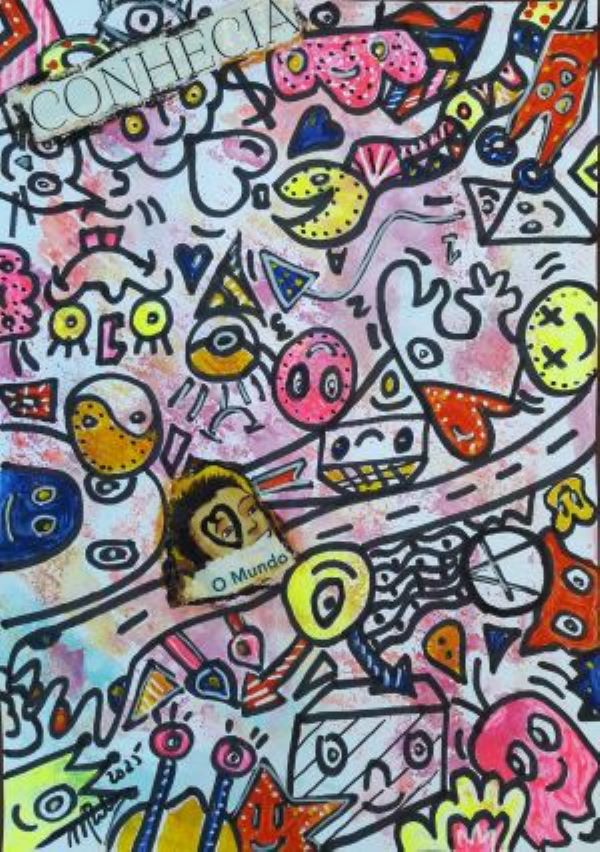 MISTA ( ACRILICO,  SPRAY, CANETA, PAPEL, PASTEL,) - 29,5x21cm- CONHECIA, O MUNDO... 2025 - 50 EUR
