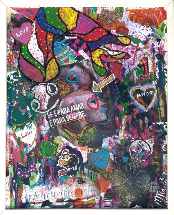 MISTA ( ACRILICO,  SPRAY,CANETA, PAPEL, PASTEL, TECIDO,PLASTICO) - 40x50cm- CANCER, DONT GIVE UP 2024 - 150 Euros
