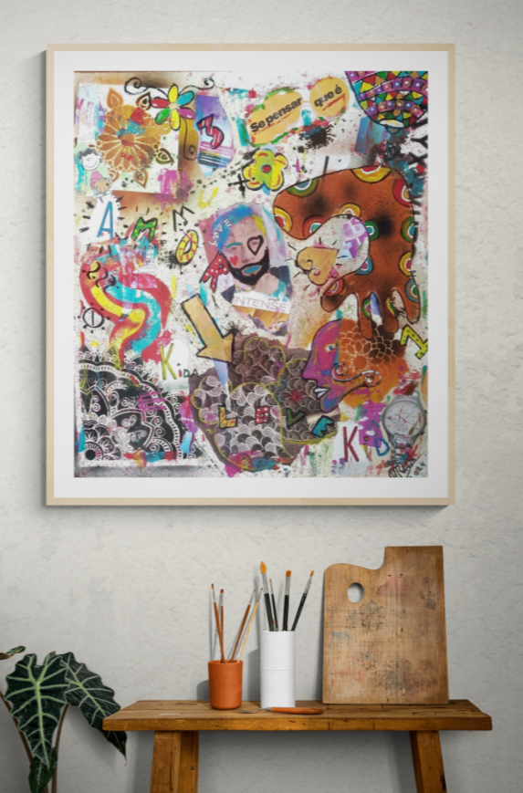 MISTA (MADEIRA, ACRILICO,  SPRAY,CANETA, PAPEL, PASTEL) - 55x61cm- AMOR INTENSO 2024 - 300 Euros