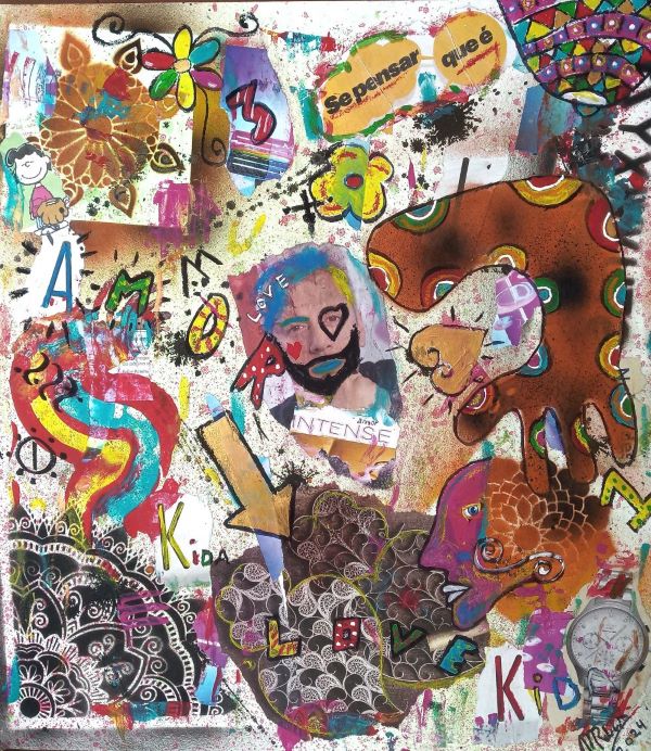 MISTA (MADEIRA, ACRILICO,  SPRAY,CANETA, PAPEL, PASTEL) - 55x61cm- AMOR INTENSO 2024 - 300 Euros