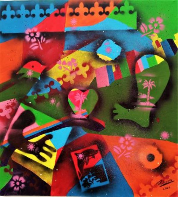 TELA ACRILICA MISTA 95X87-PONTO COLORIDO, PONTO DE ENCONTRO 2006 - 400 Euros