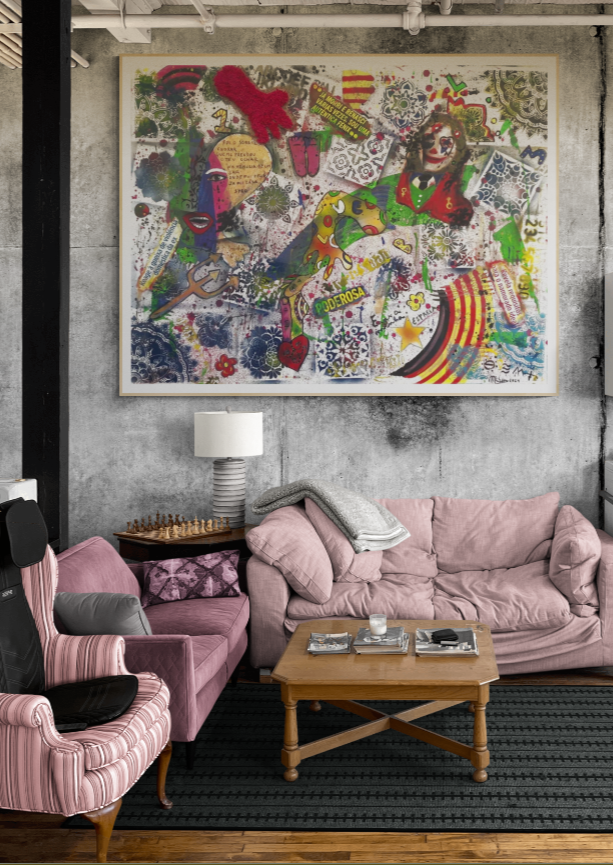 TELA MISTA ( ACRILICO,  SPRAY,CANETA, PAPEL, PASTEL, SERAPILHEIRA) - 115x90cm- NAO A VIOLENCIA DOMESTICA 2024 - 600 Euros 