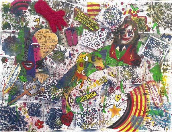 TELA MISTA ( ACRILICO,  SPRAY,CANETA, PAPEL, PASTEL, SERAPILHEIRA) - 115x90cm- NAO A VIOLENCIA DOMESTICA 2024 - 600 Euros 
